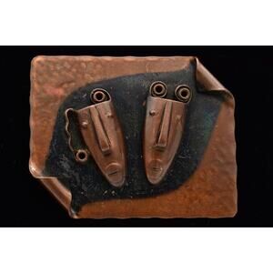Rebajes Vintage Brazilian Mask Pin Brooch Abstract Copper Signed 1950s BinBP